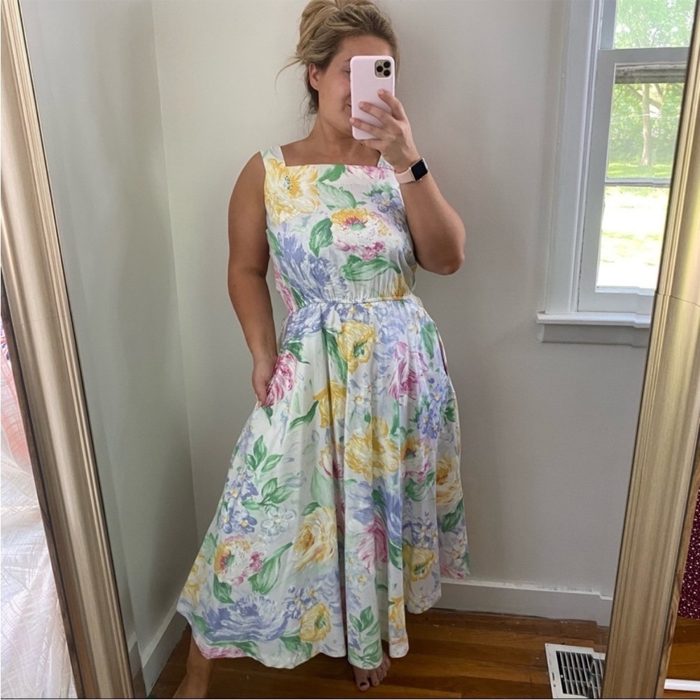 Vintage Floral Maxi Dress White High Square neck 6